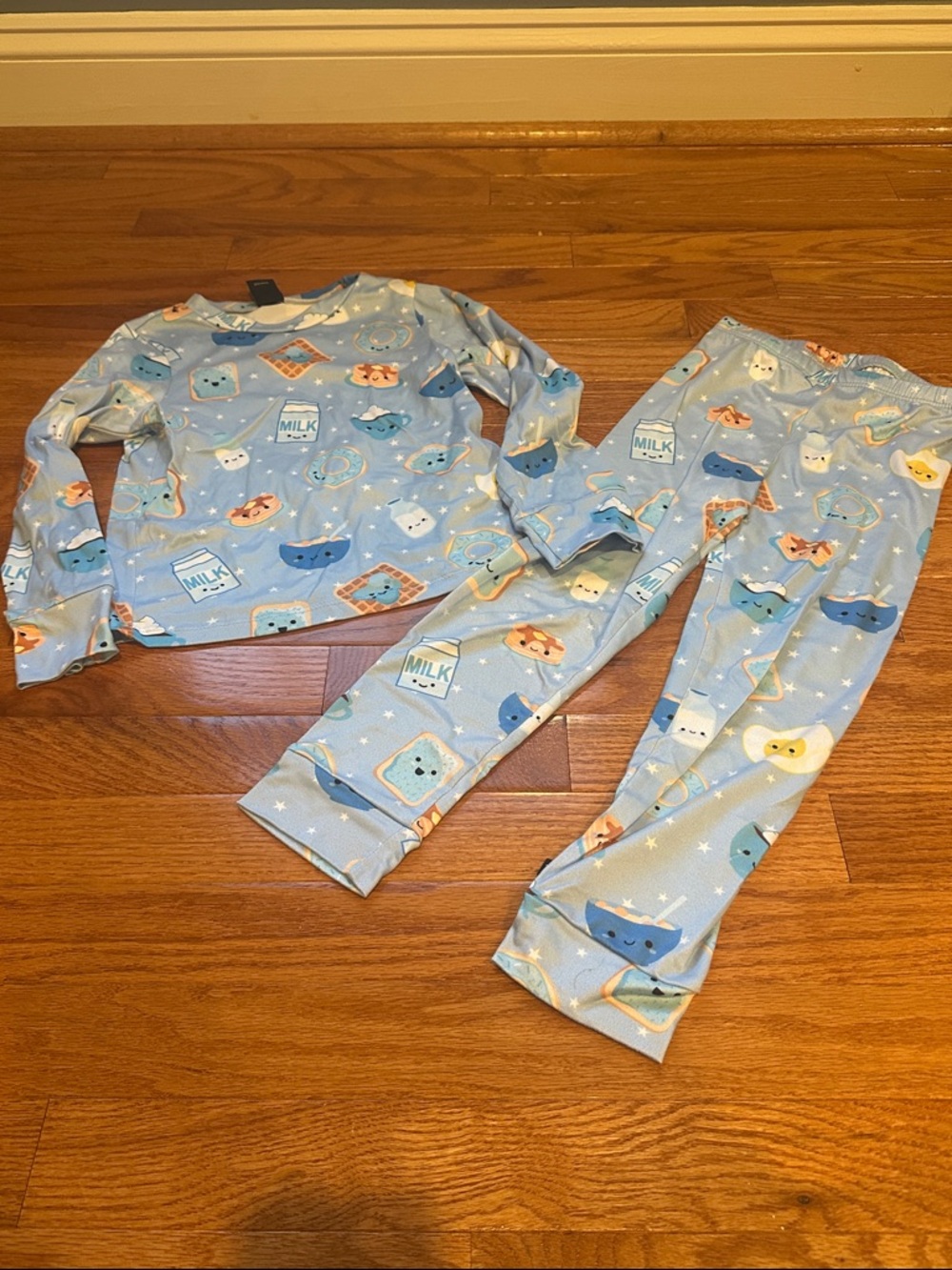 Children's Light Blue Cartoon Milk & Snack Two-Piece Pajama Set